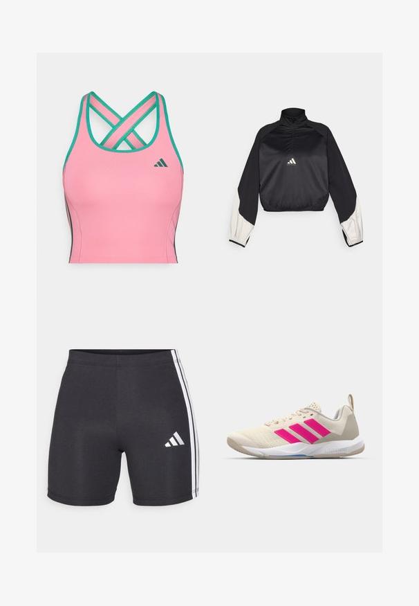 Pullover sportivo nero con collo alto e mezza zip. Presenta maniche con dettagli bianchi e orlo elasticizzato. Logo posizionato al centro del petto. Texture liscia.; Top corto atletico rosa con accenti verdi. Presenta un design con schiena incrociata, texture liscia e un sottile dettaglio del logo sul davanti.; Pantaloni corti neri da atletica realizzati in tessuto elasticizzato, con strisce laterali bianche e logo Adidas sulla parte inferiore della gamba destra. Texture liscia.; Scarpa sportiva beige con logo a tre strisce rosa, tomaia in rete testurizzata, collo imbottito e suola in gomma bianca, con il marchio "LIGHTSTRIKE".