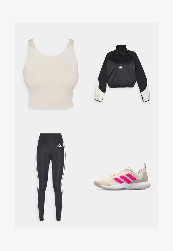 Black sports pullover with high neck and half zip. Features white accent sleeves and elasticized hem. Logo located at chest center. Smooth texture.; Beige ribbed crop top with wide straps, a round neckline, and a fitted waist. The texture is smooth, with a stretchy, lightweight fabric.; Black leggings with high waist, featuring white side stripes and a small white logo on the upper left thigh. Made from smooth, stretchy material.; Beige athletic shoe with pink three-stripe logo, textured mesh upper, padded collar, and white rubber sole, featuring "LIGHTSTRIKE" branding.
