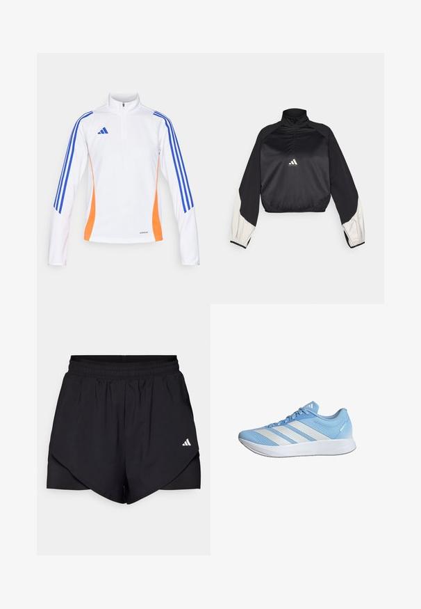 Czarny sportowy pulower z wysokim kołnierzem i półzapięciem. Posiada białe akcenty na rękawach i elastyczny dół. Logo umieszczone na środku klatki piersiowej. Gładka faktura.; adidas Performance TIRO biały; Czarne szorty sportowe z warstwowym wzorem, wykonane z lekkiego materiału. Posiadają elastyczny pas i małe białe logo z boku.; Jasnoniebieskie buty sportowe z siateczkową cholewką, z trzema białymi paskami, lekką podeszwą i teksturowanymi akcentami po bokach.