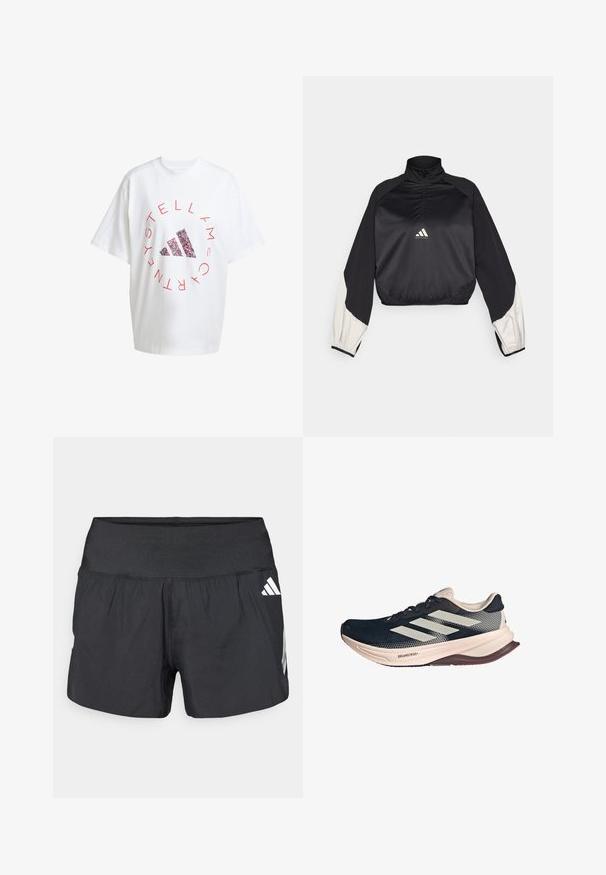 Sort sportslig pullover med høj hals og halv lynlås. Har hvide accentærmer og elastisk kant. Logo placeret på brystet. Glat tekstur.; Overdimensioneret hvid bomulds t-shirt med rød cirkulær tekst og et multicolor Adidas-logo i midten. Korte ærmer og rund halsudskæring.; Sorte atletikshorts med bred elastisk talje, letvægtsstof og hvide logoaccents på den nederste side.; Løbesko med en mørkeblå mesh-overdel, lys beige sål og hvidt design med tre striber. Har en slank, aerodynamisk form og teksturerede accenter.