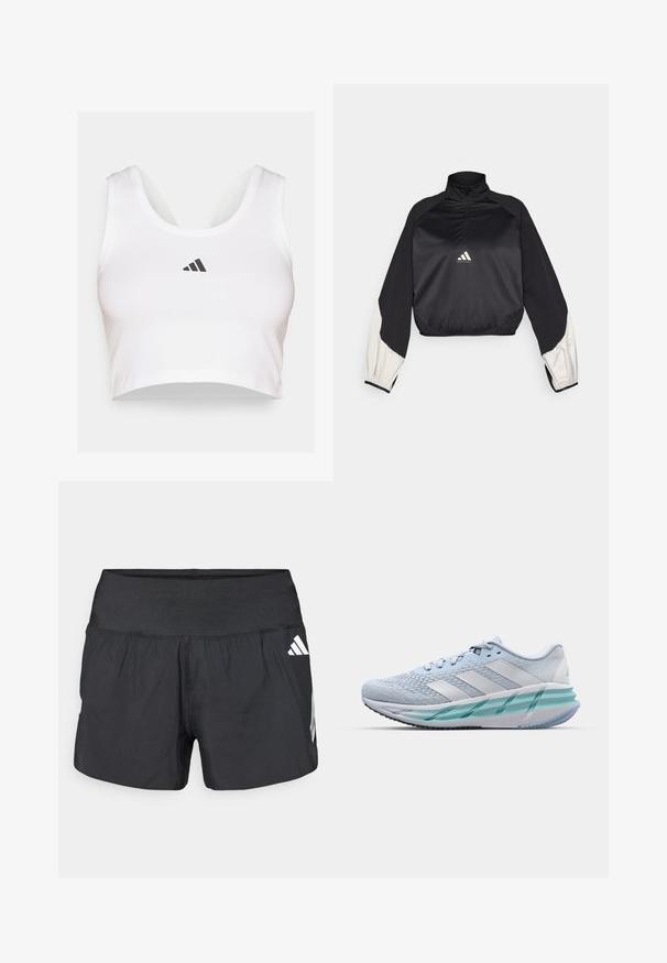 Černý sportovní pulover s vysokým límcem a půlzipem. Má bílé akcentované rukávy a elastické zakončení. Logo umístěné na středu hrudi. Hladká textura.; Bílé crop top vyrobené z měkkého materiálu, s kulatým výstřihem a černým logem Adidas na přední straně. Hladká textura, bez rukávů.; Černé sportovní šortky s širokým elastickým pasem, lehkou tkaninou a bílými logy na dolní straně.; Světlomodré sportovní boty s texturovaným pleteným svrškem, bílými akcenty a průhledným zeleným mezipodešví. Oválná špička a polstrovaný límec.