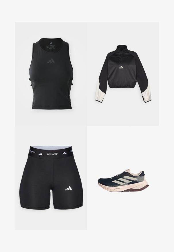 Black sports pullover with high neck and half zip. Features white accent sleeves and elasticized hem. Logo located at chest center. Smooth texture.; Black cropped fitness tank top made of smooth, stretchy fabric; features a round neckline and a small, reflective logo on the front.; Black shorts made from stretchy fabric with a fitted design. Features a wide black waistband labeled "TECHFIT" and a white logo on the leg.; Running shoe with a dark blue mesh upper, light beige sole, and white three-stripe design. Features a sleek, aerodynamic shape and textured accents.