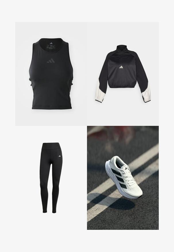 Pullover desportivo preto com gola alta e fecho de meio zip. Apresenta mangas com detalhes brancos e bainha elástica. Logotipo localizado no centro do peito. Textura suave.; Top de fitness preto cropped feito de um tecido suave e elástico; apresenta um decote redondo e um pequeno logótipo refletor na parte da frente.; Leggings atléticos pretos com uma cintura alta. Feitos de um tecido elástico com um detalhe do logótipo branco no lado superior esquerdo.; Sapatilha de corrida branca com parte superior texturizada, design de três riscas pretas, colarinho almofadado e sola leve, posicionada no ar sobre uma superfície de estrada.
