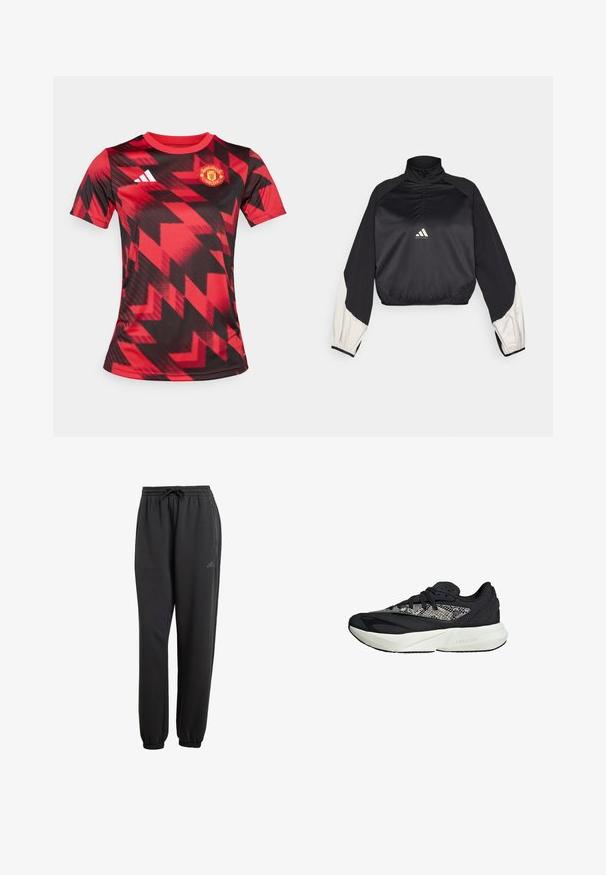 Černý sportovní pulover s vysokým límcem a půlzipem. Má bílé akcentované rukávy a elastické zakončení. Logo umístěné na středu hrudi. Hladká textura.; červeno-černé fotbalové triko s krátkým rukávem a geometrickým potiskem, s logem Manchester United na levé části hrudi a logem Adidas na pravé straně.; Černé tepláky s šňůrkou v pase, elastickými rukávy, bočními kapsami a decentním logem, vyrobené z měkké tkaniny s hladkým povrchem.; Černé a šedé tenisky s texturovaným pleteným svrškem, bílou mezipodešví s brandingem "LIGHTSTRIKE" a zaobleným designem špičky.