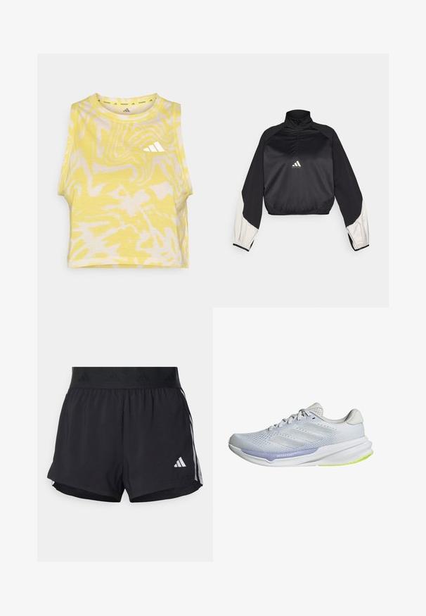 Black sports pullover with high neck and half zip. Features white accent sleeves and elasticized hem. Logo located at chest center. Smooth texture.; Yellow sleeveless crop top with abstract white pattern, round neckline, and subtle logo detail in white on the front. Soft fabric texture.; Black athletic shorts with an elastic waistband, featuring a textured band, side stripes, and a white Adidas logo on the lower hem.; White athletic shoe with a breathable mesh upper, textured design, and lavender accent. Features a cushioned sole with green outsole details.