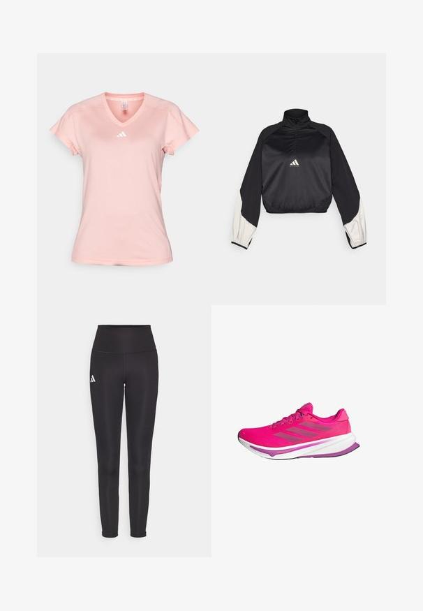Svart sportsgenser med høy hals og halv glidelås. Har hvite aksentermuffer og elastisk nederkant. Logo plassert på midten av brystet. Glatt tekstur.; adidas Performance T-skjorte til trening - semi pink spark; Sorte høy midje leggings laget av elastisk stoff. Har en hvit logo på venstre side og et elegant, sømløst design. Glatt tekstur.; Rosa løpesko med mesh-overdel, en hvit mellomsåle og lilla detaljer. Tre grå striper på siden og en buet såledesign.