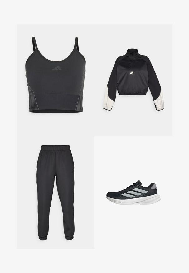 Sudadera deportiva negra con cuello alto y media cremallera. Presenta mangas con acentos en blanco y dobladillo elástico. Logotipo ubicado en el centro del pecho. Textura suave.; Top corto atlético negro con tirantes finos, hecho de material elástico, que presenta acentos de rayas tonales y un pequeño logo en la parte delantera.; Joggers deportivos negros con cinturilla y puños elásticos. Textura suave, con un logo en el lado y un corte ajustado.; Zapatilla de correr negra con parte superior de malla, tres franjas plateadas, media suela blanca y suela texturizada. Incluye un cuello acolchado y cierre de cordones.