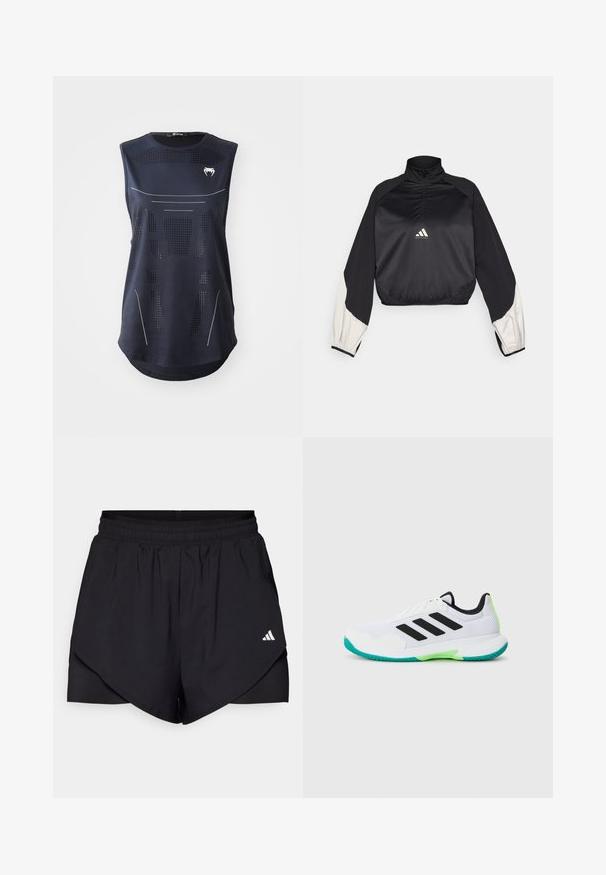 Melna sporta jaka ar augstu apkakli un puspievilcēju. Iezīmētas baltas akcentu piedurknes un elastīga apakšmalā. Logo atrodas krūšu centra daļā. Gluda tekstūra.; Bez piedurknēm sporta tops tumši zila auduma. Iekļauj sieta perforācijas un baltas akcentu līnijas. Cirkulāra apakša un logotips uz krūtīm. Izmērs: Maza.; Melnas sporta šortus ar slāņotu dizainu, izgatavoti no viegla auduma. Ievērojama elastīga josta un neliels balts logo sānos.; Baltas sporta apavi ar sieta augšdaļu, melnu svītru un zaļiem akcentiem. Iezīmējas ar tekstūrētu zoli un mīkstinātu apkakli atbalstam.