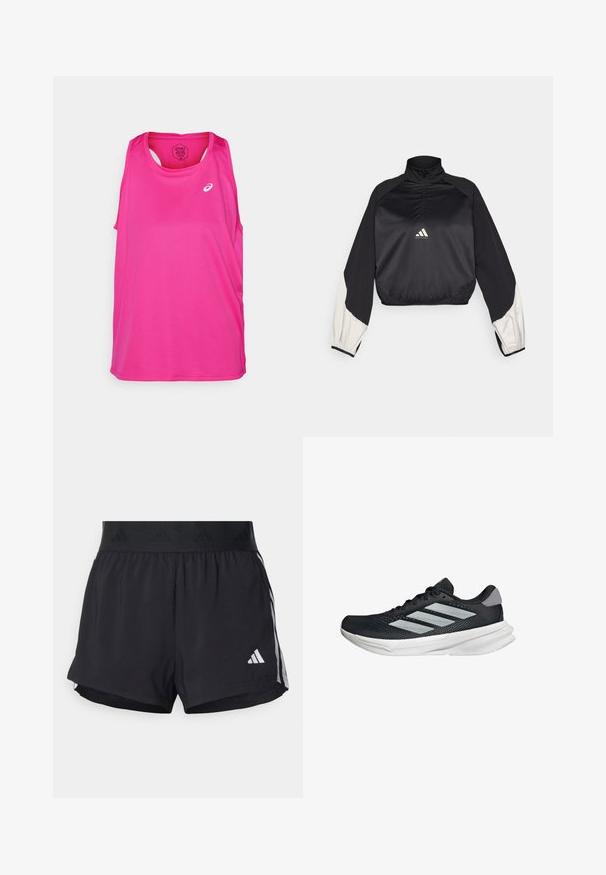 Pullover sportivo nero con collo alto e mezza zip. Presenta maniche con dettagli bianchi e orlo elasticizzato. Logo posizionato al centro del petto. Texture liscia.; Top sportivo rosa senza maniche, con scollo rotondo e logo sul frontale. Realizzato in tessuto leggero e traspirante.; Pantaloni sportivi neri con cintura elasticizzata, dotati di una banda testurizzata, strisce laterali e un logo Adidas bianco sull'orlo inferiore.; Scarpa da corsa nera con tomaia in mesh, tre strisce argentate, intersuola bianca e suola testurizzata. Presenta un colletto imbottito e chiusura con lacci.