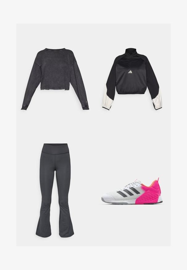 Melna sporta jaka ar augstu apkakli un puspievilcēju. Iezīmētas baltas akcentu piedurknes un elastīga apakšmalā. Logo atrodas krūšu centra daļā. Gluda tekstūra.; Melna, īsā gara piedurkne sporta krekls ar teksturētu apdari un apaļu kakla izgriezumu. Iekļauj nelielu logo kreisajā krūtī un ribota aproce.; Pelēki legingi ar paplašinātu apakšpusi, izgatavoti no gluda, elastīga materiāla, ar augstu vidukli un bezšuvju konstrukciju.; Baltas sporta apavu modelis ar pelēkiem svītrām, sieta augšdaļa un rozā papēdis ar akcentiem. Iezīmējas ar teksturētu papēdi un gumijas zoli. Kordeles un mīkstināta apkakle.