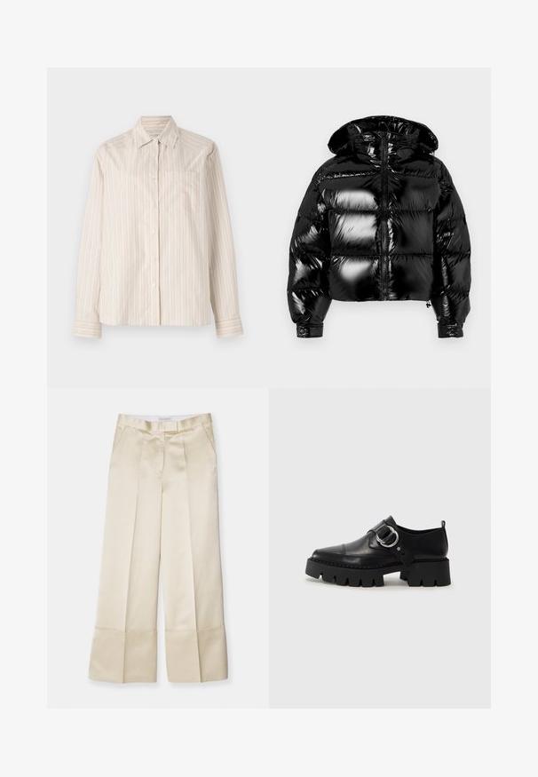 Musta pörröinen takki kiiltävällä pinnalla, lyhennetty muotoilu, vetoketjukiinnitys ja huppu. Sisältää tikatut osat pehmusteeksi ja joustavat hihansuut.; Vaaleanbeige pitkähihainen paita, jossa on pystysuorat raidat kreeminvärisen ja vaalean oranssin sävyissä. Paidassa on kaulus ja yksi rintatasku.; Beige levelet lahkeet sileässä kankaassa, joissa on korkea vyötärö, laskostettu etuosa ja taitettu helma. Niissä on sivutaskut ja siisti viimeistely.; Musta nahkakengät, joissa on paksu, uurrettu pohja, ja pyöreä hopeanvärinen koriste sekä minimaalinen ompelu.