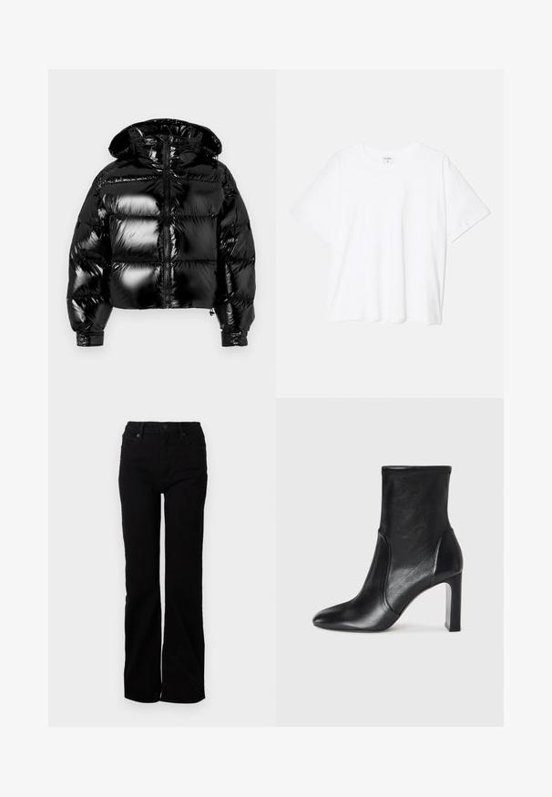 Black puffy jacket with a glossy finish, cropped design, zip closure, and hood. Features stitched sections for padding and elastic cuffs.; White cotton t-shirt with short sleeves, round neckline, relaxed fit, and stitched hem. Label visible on the inside neck.; Black denim jeans with a straight leg design, five-pocket styling, front button closure, and subtle texture. No visible patterns or accents.; Black leather ankle boot with a sleek design, pointed toe, and a high block heel. Features smooth texture and minimalistic stitching detail.