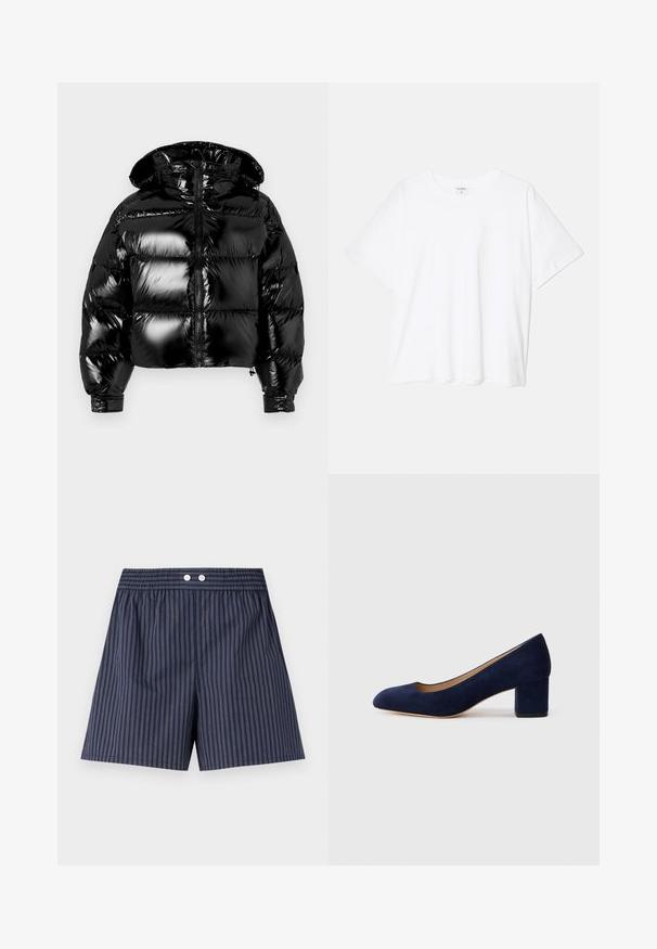 Schwarze, pufferartige Jacke mit glänzendem Finish, gekürztem Design, Reißverschluss und Kapuze. Verfügt über genähte Bereiche für die Polsterung und elastische Bündchen.; Weißes Baumwoll-T-Shirt mit kurzen Ärmeln, runder Halslinie, lockerer Passform und genähtem Saum. Etikett sichtbar am inneren Kragen.; Marineblau gestreifte Shorts mit einem elastischen Bund, die vorne mit zwei weißen Knöpfen versehen sind, aus leichtem Stoff gefertigt.; Marineblaue Wildleder-Pumps mit spitzem Zehenbereich und einem mittelhohen Blockabsatz. Glatte Textur mit einem subtilen Glanz und einem kleinen Ausschnitt an der Vorderseite.