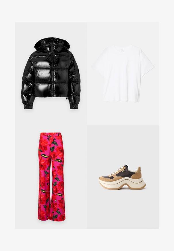 Μαύρο πλούσιο μπουφάν με γυαλιστερή όψη, κοντή σχεδίαση, κλείσιμο με φερμουάρ και κουκούλα. Διαθέτει ραμμένα τμήματα για επένδυση και ελαστικούς καρπούς.; Λευκό βαμβακερό μπλουζάκι με κοντά μανίκια, στρογγυλή λαιμόκοψή, χαλαρή εφαρμογή και ραμμένο στρίφωμα. Ετικέτα ορατή στο εσωτερικό του λαιμού.; Παντελόνια φαρδιά σε ροζ ύφασμα με μεγάλο κόκκινο λουλούδι και πράσινα φύλλα καθώς και μαύρες λεπτομέρειες. Λείο υλικό, σχέδιο ψηλής μέσης.; Sneaker με χοντρή σόλα σε μπεζ και σκούρο καφέ, με σουέτ λεπτομέρειες, λευκή κορδόνι και ένα μικρό χρυσό charm MK στο πλάι.