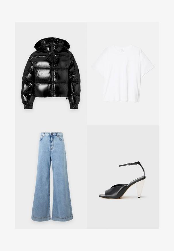 Schwarze, pufferartige Jacke mit glänzendem Finish, gekürztem Design, Reißverschluss und Kapuze. Verfügt über genähte Bereiche für die Polsterung und elastische Bündchen.; Weißes Baumwoll-T-Shirt mit kurzen Ärmeln, runder Halslinie, lockerer Passform und genähtem Saum. Etikett sichtbar am inneren Kragen.; Hellblaue Weite Jeans aus Denim. Hoch geschnitten mit kontrastierenden Nähten, fünf Taschen und einem Knopfverschluss an der Taille.; Schwarze Leder-Hochzehen-Sandale mit offener Zehe, asymmetrischem Design, Knöchelriemen und metallic kegelförmigem Absatz. Glatte Textur über das gesamte Produkt.