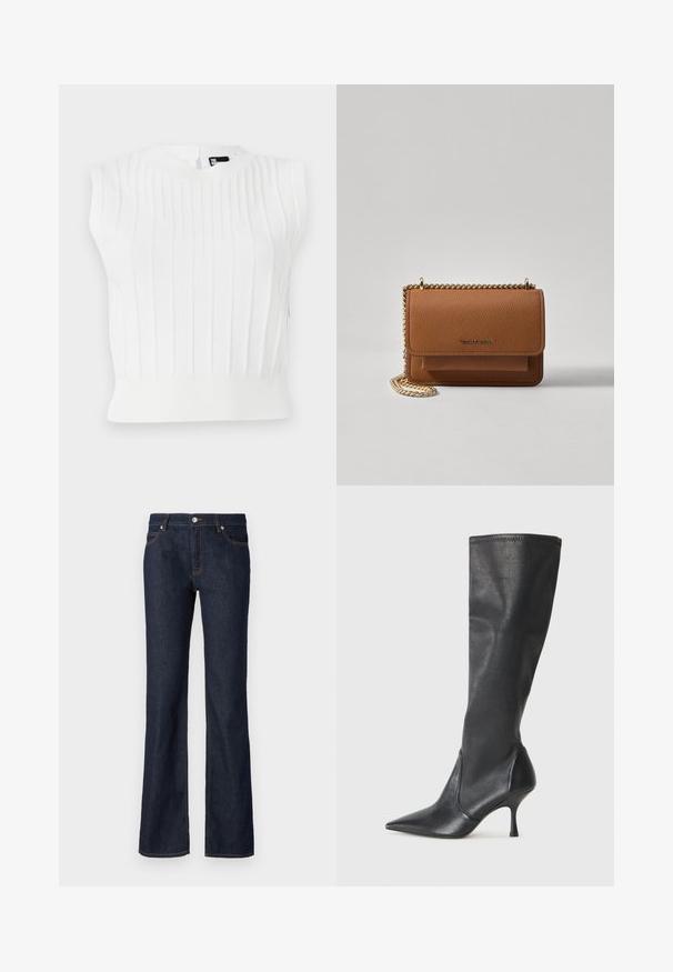 Black puffy jacket with a glossy finish, cropped design, zip closure, and hood. Features stitched sections for padding and elastic cuffs.; White knitted sleeveless top featuring vertical ribbed texture, round neckline, and a fitted hem. Includes a small back closure detail.; Dark blue denim jeans with a flared shape, five-pocket design, and contrasting orange stitching along the seams and pockets.; Knee-high black leather boots with a pointed toe and a slim stiletto heel. Smooth texture with a fitted design and stitching at the top edge.; Brown textured leather crossbody bag with gold chain strap and flap closure. Front features logo detail and a pocket under the flap.