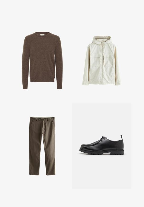 Helebeež žip-kraevi jakk, millel on kapuuts, kaks eesmist taskut, reljeefne kangas ja elastsed varrukad, mis tagavad mugava sobivuse.; Pruun kudumiga sviiter, millel on ümmargune kaelus, pikad varrukad ja pehme tekstuur. Lihtne disain, ilma nähtavate mustrite või aktsentideta.; Pruunid puuvillased chinos sirge sääre disainiga, ees taskud ja nupuga sulgemine. Omab siledat tekstuuri ja puhtaid jooni.; Must küljest musta nahast sidumisjalatsiga, millel on tugeva tallaga ja kandmiselauaga, valge tausta ees.