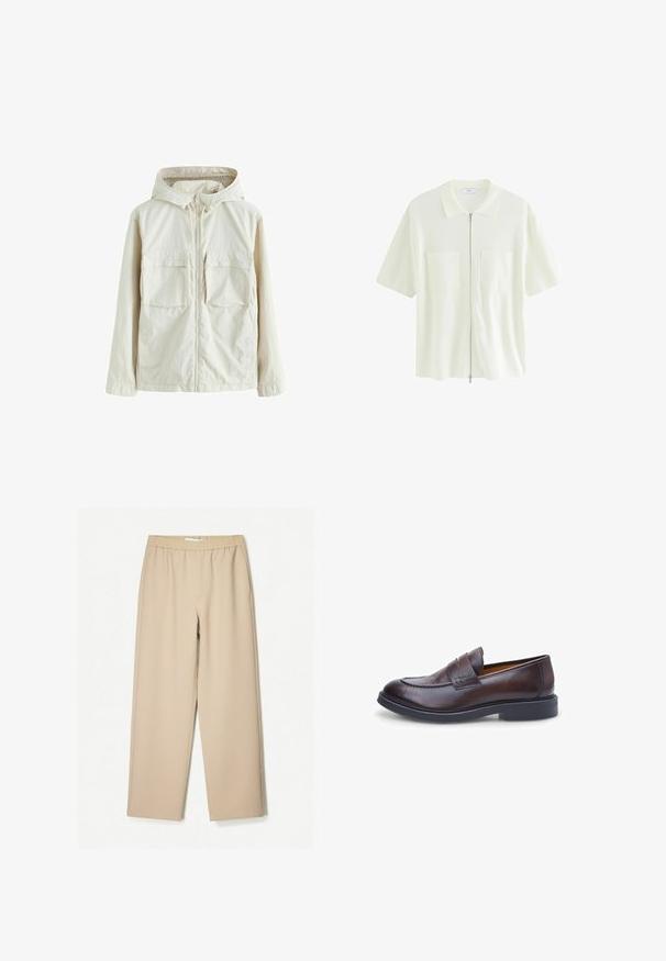 Helle beige Zip-Jacke mit Kapuze, ausgestattet mit zwei Fronttaschen, einem strukturierten Stoff und elastischen Manschetten für eine enge Passform.; Kurzärmliges, weißes Kapuzenshirt aus strukturiertem Stoff mit Kragen und zwei Vordertaschen mit quadratischen Klappen.; Beige Weite-Hose mit einem elastischen Bund, aus weichem Stoff gefertigt, mit glatter Textur und minimalen Nähten.; Brauner Leder-Lederschuh mit glatter Textur, abgerundeter Spitze und doppeltem Riemen-Design; verfügt über eine schwarze Gummisohle und genähte Akzente.