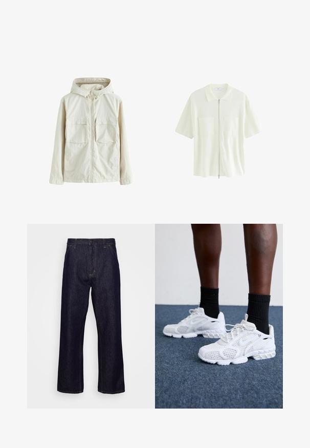 Jasnobeżowa kurtka zapinana na zamek z kapturem, posiadająca dwie przednie kieszenie, teksturowaną tkaninę oraz elastyczne mankiety dla lepszego dopasowania.; Krótki rękaw, biała koszula na zamek, wykonana z teksturowanej tkaniny, z wykończeniem kołnierzyka i dwiema przednimi kieszeniami z kwadratowymi klapami.; Granatowe dżinsy straight-leg z przednimi kieszeniami, szlufkami na pasek, zamkiem błyskawicznym i zapięciem na guzik, wyeksponowane na jednolitym białym tle.; Białe sportowe buty z siateczkową cholewką, teksturowanymi akcentami i wyściełaną podeszwą. W zestawieniu z czarnymi skarpetkami ściągaczowymi do kostek na niebieskiej wykładzinie.