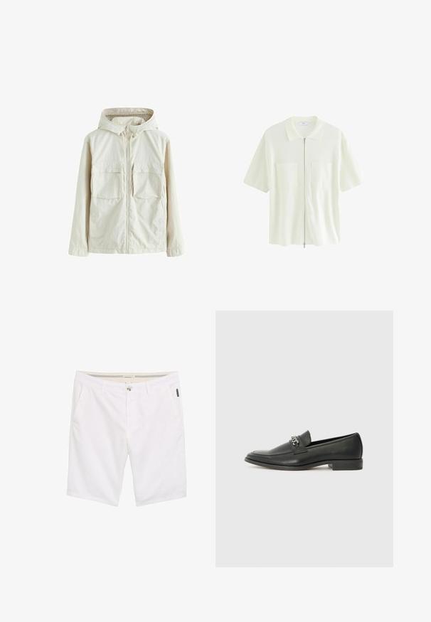 Vaaleanbeige vetoketjullinen takki hupulla, jossa on kaksi etutaskua, teksturoitu kangas ja joustavat hihansuut tiivistä istuvuutta varten.; Hihaton, valkoinen vetoketjupaita, joka on valmistettu tekstuurista kankaasta. Paidassa on kauluksellinen kaula-aukko ja kaksi etutaskua, joissa on neliönmuotoiset läpät.; Valkoiset shortsit, joissa on vetoketjuluukku ja nappikiinnitys, kaksi sivutaskua sekä teksturoitu kangas, jossa on hienovaraista ommelkoristetta.; Musta nahkakengät, joissa on sileä pinta, koristeelliset ompeleet ja metalliketjun yksityiskohta kengän päällä. Littee korko.