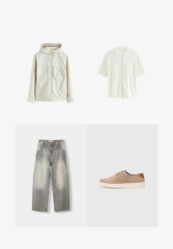 Ljusbeige zip-jacka med huva, utrustad med två framfickor, en strukturerad tygkvalitet och elastiska muddar för en åtsittande passform.; Kortärmad, vit zip-up skjorta i texturerad tyg, med krage och två framfickor med fyrkantiga lock.; Breda jeans i en ljusgrå tvätt. Har en urtvättad finish, fem fickor och knappstängning. Materialet är mjuk denim.; Beige mockasinsneakers med rund tå, snörning fram och texturerad bakaxel. Vit gummisula ger kontrast. Enkelt och modernt design.