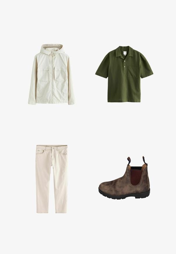 Helebeež žip-kraevi jakk, millel on kapuuts, kaks eesmist taskut, reljeefne kangas ja elastsed varrukad, mis tagavad mugava sobivuse.; Next SHORT SLEEVE - Pluus - green; Heledad beežid slim-fit teksad, otse lõikega, viie taskuga, nööbi ja tõmbluku kinnitusega ning tugevdatud õmblustega õmblustes.; Pruun nahast pahkluu saapad elastsete külgpaneelidega, tekstuurse pinnakattega, must kummitald ja kandmisel mugavuse tagamiseks tõmbevahe.