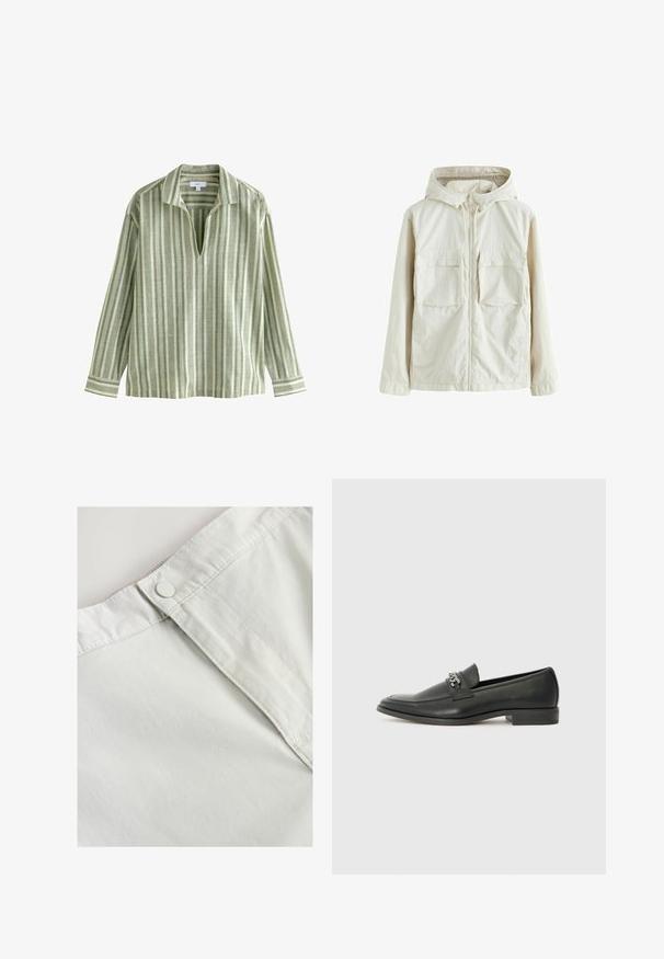 Jachetă crem deschis cu fermoar și glugă, având două buzunare frontale, un material texturat și manșete elastice pentru o potrivire confortabilă.; Cămașă cu mânecă lungă în dungi verzi deschise, cu guler, având dungi verticale în nuanțe variate de verde și crem, și un decolteu în formă de V.; Taflă de bumbac alb cu închidere cu buton la talie, având o textură subtilă și detalii cusute de-a lungul cusăturilor.; Pantofii negri din piele cu un finisaj neted, având un design cusut și un accent decorativ de lanț metalic peste partea de sus. Toc plat.