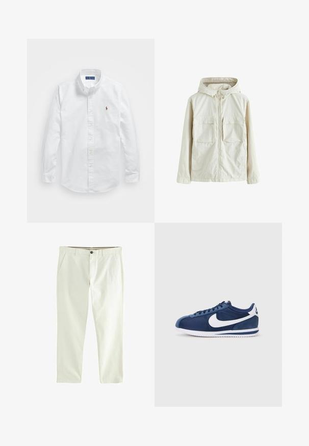 Jasnobeżowa kurtka zapinana na zamek z kapturem, posiadająca dwie przednie kieszenie, teksturowaną tkaninę oraz elastyczne mankiety dla lepszego dopasowania.; Biała bawełniana koszula zapinana na guziki z klasycznym kołnierzykiem, długimi rękawami i małym haftowanym logo na lewej piersi.; Białe bawełniane spodnie o prostych nogawkach, z dwoma przednimi kieszeniami i zapięciem na guzik z przodu. Gładka faktura o swobodnym stylu.; Niebieskie buty sportowe z połączeniem gładkich i zamszowych materiałów, z dużym białym logo w kształcie „swoosh”, okrągłym czubkiem i teksturowaną podeszwą.