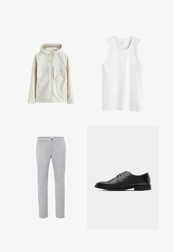 Helle beige Zip-Jacke mit Kapuze, ausgestattet mit zwei Fronttaschen, einem strukturierten Stoff und elastischen Manschetten für eine enge Passform.; Weiße ärmellose Bluse aus Baumwolle. Mit einem runden Ausschnitt und geradem Saum, hat eine reguläre Passform und keine Muster oder Verzierungen.; Helle graue Hose aus gewebtem Stoff, mit flachem Bund, Knopfverschluss und geradem Bein. Klare Linien und minimale Details.; Schwarzer Leder-Dieerschuh mit runder Zehenform, Schnürdesign, dezenten Nähdetails und niedrigem Absatz. Glatte Textur mit polierter Oberfläche.