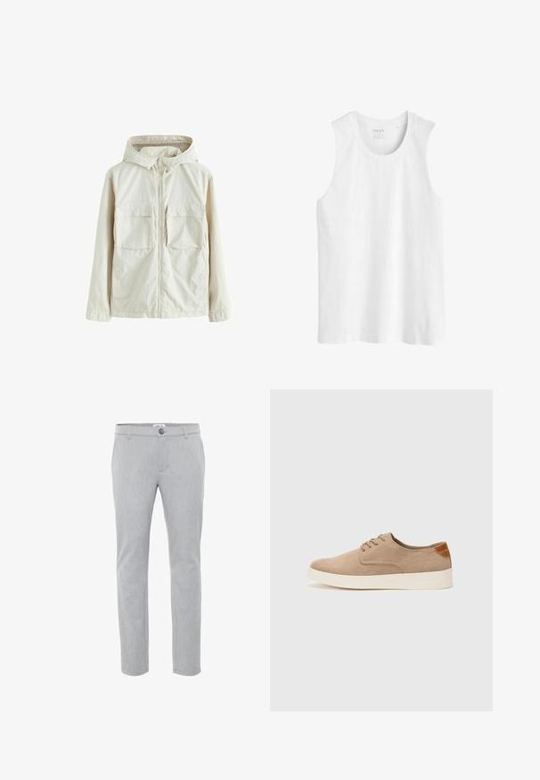 Svijetlosmeđa jakna na zip s kapuljačom, koja ima dva prednja džepa, teksturiranu tkaninu i elastične manžete za udoban fit.; Bijela bezrukava majica od pamuka. Ima okrugli izrez i ravni rez s regularnim krojem, bez uzoraka ili ukrasa.; Svijetlosive hlače izrađene od tkanine, s ravnim prednjim dijelom, zatvaranjem na gumb i ravnim nogavicama. Čiste linije i minimalni detalji.; Bež nubuk tenisice s okruglim vrhom, vezanjem sprijeda i teksturiranim stražnjim naglaskom. Bijela gumena potpetica pruža kontrast. Jednostavan i moderan dizajn.