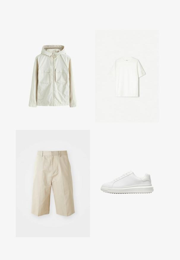 Světle béžová zipová bunda s kapucí, která má dvě přední kapsy, texturovanou látku a elastické manžety pro pohodlné nošení.; Bílý krátký rukáv tričko vyrobené z měkké bavlny. Design s kulatým výstřihem a uvolněným střihem, bez viditelných log nebo vzorů.; Béžové přizpůsobené kraťasy se rovný střih, s poutky na opasek, sklady vpředu a hladkým bavlněným povrchem. Bez kapes nebo dalších detailů.; Bílé tenisky s hladkým syntetickým svrškem, kulatou špičkou, plochými tkaničkami, texturovanou podrážkou a vrstveným designem platformy pro zvýšení výšky.