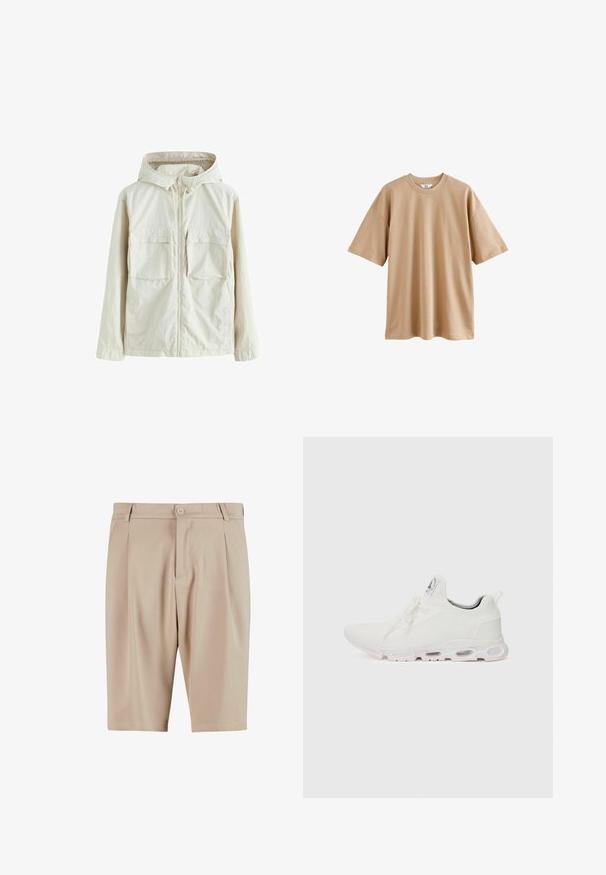 Svijetlosmeđa jakna na zip s kapuljačom, koja ima dva prednja džepa, teksturiranu tkaninu i elastične manžete za udoban fit.; Pamučna bež majica kratkih rukava s okruglim izrezom i ležernim krojem, koja ima glatku teksturu i bez uzoraka ili naglasaka.; Bež fazonske kratke hlače s nabora, s kopčanjem na dugme i klasičnim dizajnom. Glatka tekstura, dužina do koljena, bez vidljivih džepova.; Bijele atletske tenisice s gornjim dijelom od teksturiranog pletenog materijala, ravnim vezicama i jastučićem u potplatu s vidljivim zračnim komorama radi dodatne potpore.