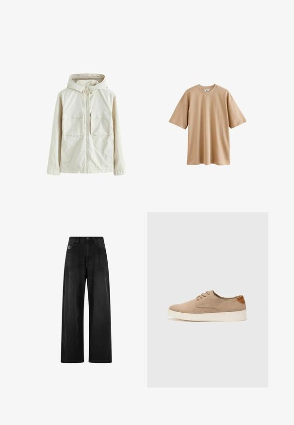 Světle béžová zipová bunda s kapucí, která má dvě přední kapsy, texturovanou látku a elastické manžety pro pohodlné nošení.; Beige tričko s krátkým rukávem vyrobené z bavlny, kulatým výstřihem a uvolněným střihem, s hladkým povrchem a bez vzorů či akcentů.; Široké černé džíny s vysokým pasem, obsahující čtyři kapsy a malou logo nášivku na přední straně. Hladká textura, základní design.; Béžové semišové tenisky s kulatou špičkou, šněrováním vpředu a texturovaným zadním akcentem. Bílá gumová podrážka poskytuje kontrast. Jednoduchý a moderní design.