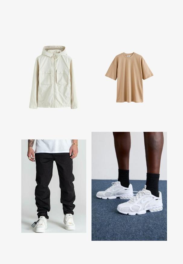 Giacca beige chiaro con zip e cappuccio, dotata di due tasche frontali, un tessuto textured e polsini elasticizzati per una vestibilità aderente.; T-shirt beige a maniche corte in cotone con colletto rotondo e vestibilità rilassata, caratterizzata da una trama liscia e priva di motivi o dettagli decorativi.; Jeans in denim nero con una vestibilità rilassata, caratterizzati da cuciture a vista, tasche laterali e un'etichetta attaccata alla scarpa. Sneakers bianche completano il look.; Scarpe da ginnastica bianche con tomaia in rete, dettagli testurizzati e suola imbottita. Abbinato a calzini neri a coste sopra la caviglia su una superficie in moquette blu.