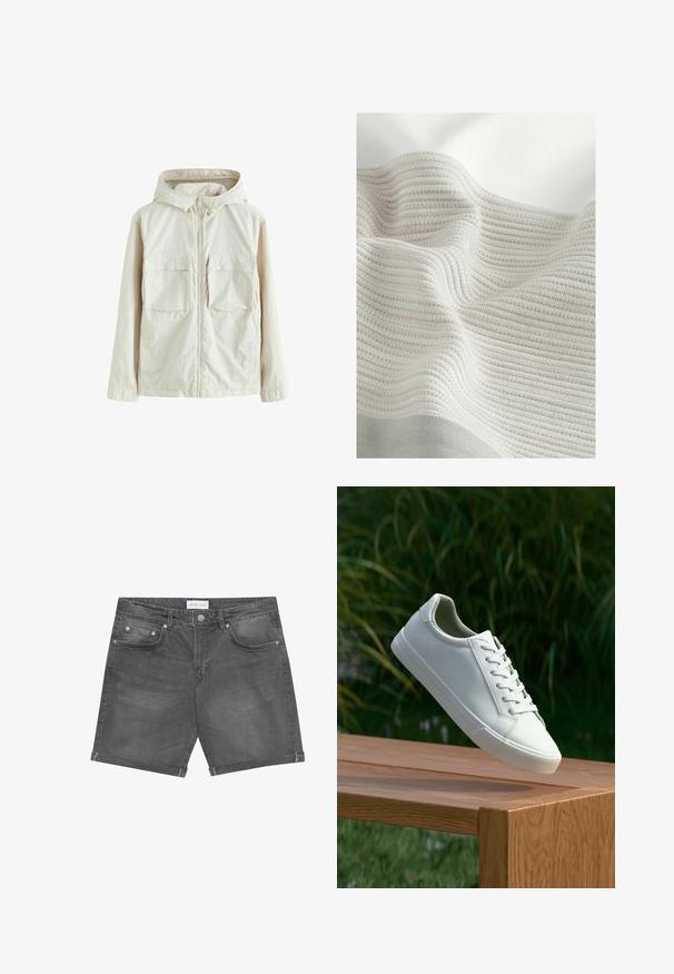 Lys beige zip-up jakke med hætte, der har to forlommer, et tekstureret stof og elastiske manchetter for en tætsiddende pasform.; Struktureret stof med lysegrå og off-white striber. Blødt materiale med en bølget udseende, der fremhæver det vævede mønster og de bløde folder.; Mørkegrå denim shorts med et klassisk fem-lomme design, rullede kanter og metalknap detaljer. Glat tekstur med subtil fading.; Hvide snørresneakers svævende over en træbænk med grønne planter i baggrunden, der fremhæver skodesign og tekstur.