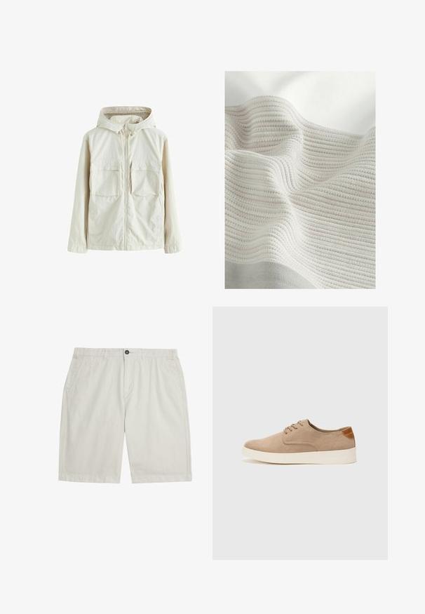 Light beige zip-up jacket with a hood, featuring two front pockets, a textured fabric, and elastic cuffs for a snug fit.; Textured fabric with light gray and off-white stripes. Soft material with a rippled appearance, highlighting the woven pattern and gentle folds.; Light beige knee-length shorts with front pockets, belt loops, button closure, and clean, smooth fabric.; Beige suede sneakers with a rounded toe, lace-up front, and a textured back accent. White rubber sole provides contrast. Simple and modern design.