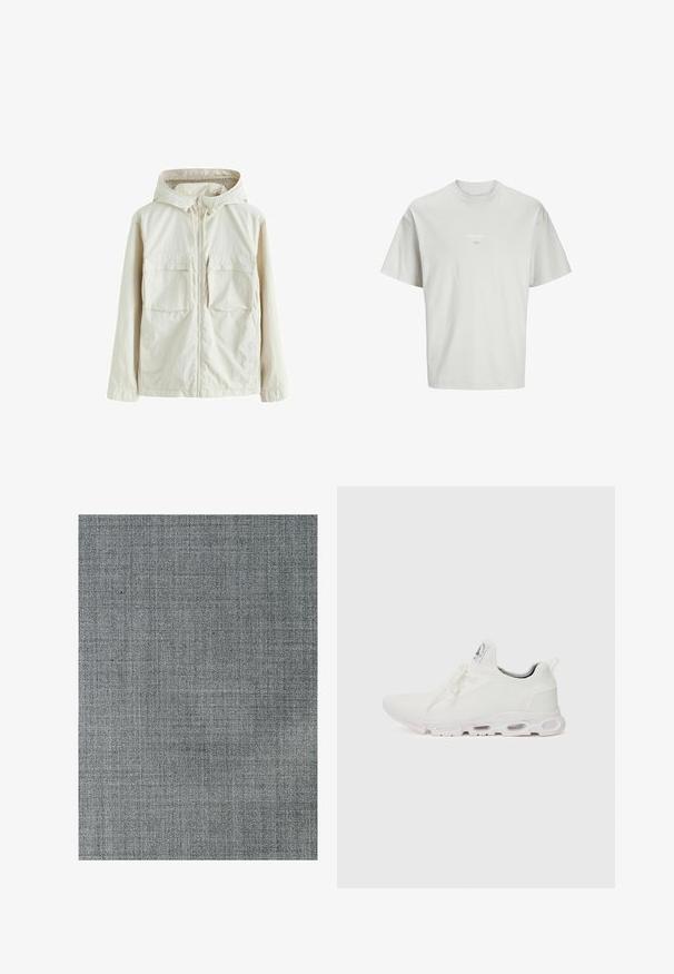 Lichtbeige ritsjack met capuchon, voorzien van twee voorkruiszakken, een gestructureerde stof en elastische manchetten voor een snug fit.; Lichtgrijs T-shirt met korte mouwen, gemaakt van zachte stof. Heeft een ronde hals en kleine tekst "ESS.WRD." gedrukt op de voorkant.; Grijze stof met een gestructureerd, geweven patroon. Het oppervlak is glad en vertoont subtiele variaties in toon en een fijne rasterstructuur.; Witte sportieve schoenen met een gestructureerde gebreide bovenkant, platte veters en een gevoerde zool met zichtbare luchtkamers voor extra ondersteuning.