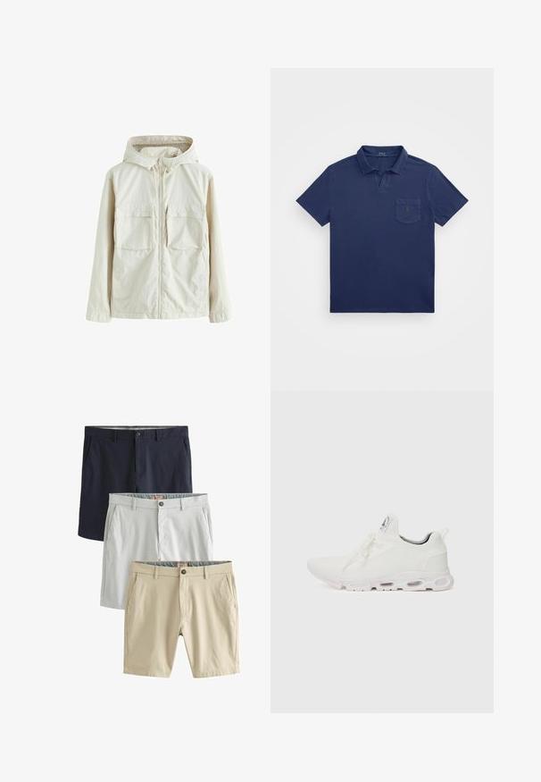 Šviesiai smėlio spalvos zip-up striukė su gobtuvu, turinti dvi priekinės kišenes, tekstūruota medžiaga ir elastiniai rankogaliai, užtikrinantys tvirtą prigludimą.; Tamsiai mėlynas polo marškinėliai su trumpu apykakle, krūtinės kišene ir siuvinėjimu. Pagaminti iš minkštos, tekstūruotos medžiagos.; Trijų šortų porų: tamsiai mėlynos, šviesiai pilkos ir smėlio spalvos, visi pagaminti iš lygaus audinio, su priekinėmis kišenėmis ir mygtukų užsegimu.; Baltos sportinės detalės batai su tekstūruotu megztu viršumi, plokščiais raišteliais ir paminkštintu padu, kuriame matomos oro kameros papildomam palaikymui.