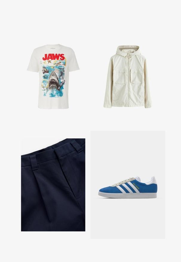 Svetlo bež jopič z zadrgo in kapuco, ki ima dva sprednja žepa, teksturiran material in elastične manšete za oprijet fit.; Bela bomba iz bombaža z grafično zasnovo morskega psa in elementi plaže. Besedilo "JAWS" v debelem rdečem, z živahno slikovno podobo in akcenti.; Mornarske plisirane hlače iz gladkega, teksturiranega blaga. Imajo ravno elastiko in zanke za pas, zasnovane za udobje in dobro prileganje.; adidas Originals ADIDAS GAZELLE SHOES - Dvoranske nogometne kopačke - real madrid/bluebird/footwear white/crew yellow