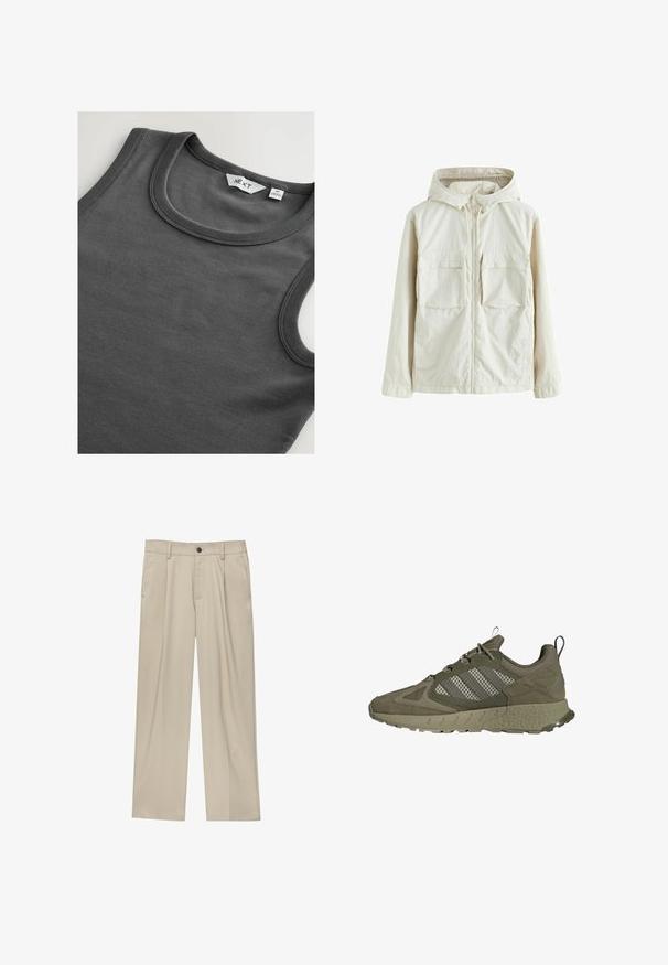Světle béžová zipová bunda s kapucí, která má dvě přední kapsy, texturovanou látku a elastické manžety pro pohodlné nošení.; Tmavě šedý žebrovaný bezrukávový top s kulatým výstřihem a viditelným štítkem oblečení na límci.; Béžové kalhoty klasického střihu, se jedním černým knoflíkem, poutky na opasek a bočními kapsami. Hladká textilie a minimalistický design.; Olivově zelená sportovní obuv s texturovaným svrškem, síťovinovými panely a třemi bílými pruhy. Zakulacená podrážka s trakčním vzorem.