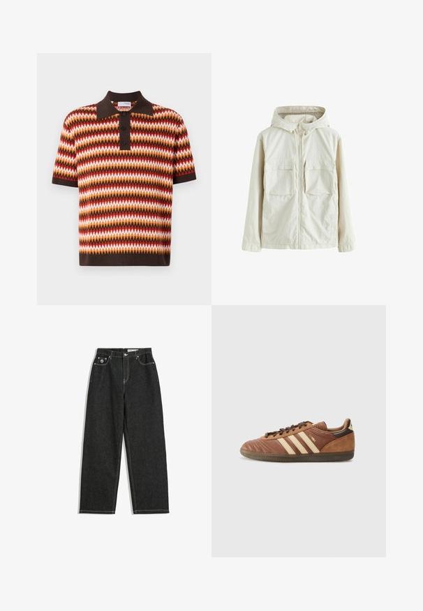 Svetlo béžová bunda na zips s kapucňou, ktorá má dva predné vrecká, textúrovanú látku a elastické manžety pre príjemné nosenie.; Poloko s krátkym rukávom a golierom v zigzagovom vzore s červenou, oranžovou, hnedou a bielou farbou; obsahuje tri gombíky a kontrastný golier.; Čierne rovné džínsy s bielym prešívaním, designom s piatimi vreckami, zapínaním na gombík a zips, a malým logom na pravom prednom vrecku.; adidas Originals SAMBA UNISEX - Tenisky - preloved brown/sand strata/dark brown