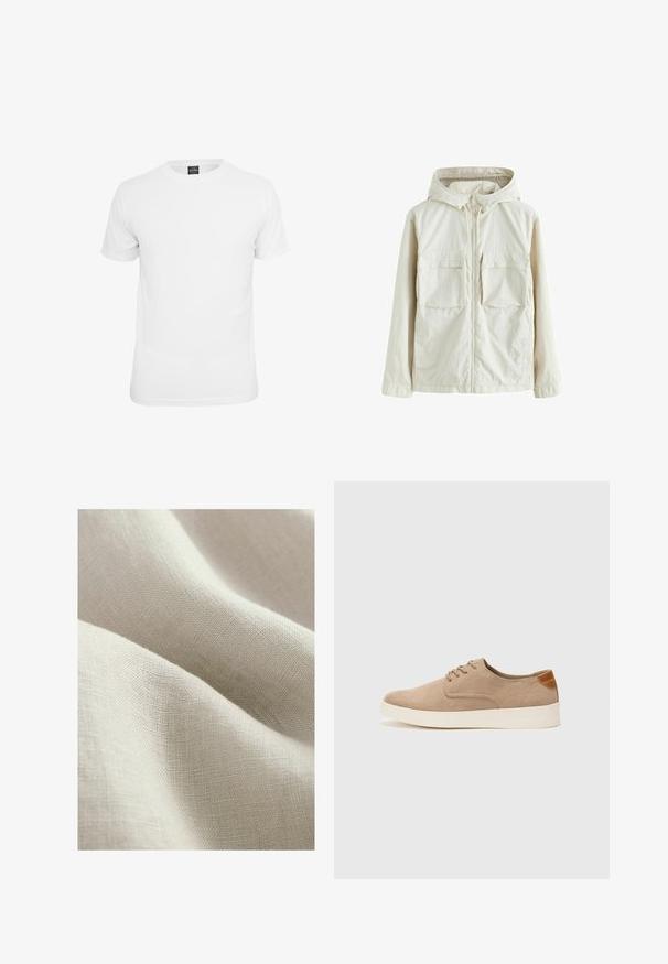Světle béžová zipová bunda s kapucí, která má dvě přední kapsy, texturovanou látku a elastické manžety pro pohodlné nošení.; Bílé tričko s krátkým rukávem, vyrobené z bavlny, s klasickým výstřihem a hladkou texturou, určené pro volnočasové nošení.; Světle béžová lněná látka s texturovaným povrchem, vykazující jemné, splývavé záhyby a jemný tkaný vzor.; Béžové semišové tenisky s kulatou špičkou, šněrováním vpředu a texturovaným zadním akcentem. Bílá gumová podrážka poskytuje kontrast. Jednoduchý a moderní design.