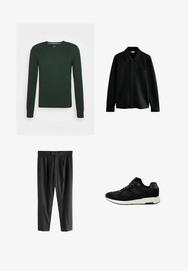 Next REGULAR FIT - DIAGONAL TEXTURE - Jachetă de vară - black; Pulover în nuanțe de verde închis, cu decolteu în V. Fabricat din material tricotat, cu mâneci lungi, manșete cu zimți și un tiv drept. Prezintă o suprafață texturată subtilă.; Next REGULAR FIT -CHECK SMART - Pantaloni chino - black; Pantof cu aspect sport, de culoare neagră, fabricat din suede și plasă, având vârful rotund, sistem de închidere cu șireturi și o talpă din cauciuc albă cu accente texturate.