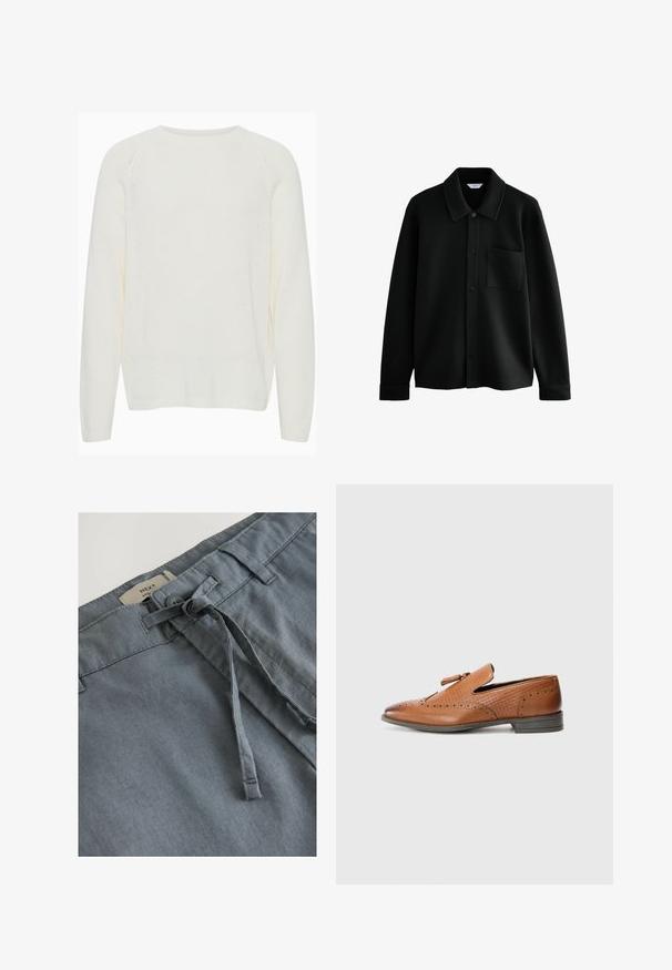 Next REGULAR FIT - DIAGONAL TEXTURE - Ljetna jakna - black; Bijela pletena majica s okruglim izrezom, dugim raglan rukavima, rebrastim manžetama i malo slobodnijim krojem. Tekstura izgleda meko i lagano.; Sivi platneni šortsevi s mekim teksturom, s ušicom za vezanje i petljama za pojas. Na etiketi je označeno "NEXT" na struku.; Smeđe kožne cipele s perforiranim detaljima, teksturiranim stranicama, ravnim đonom i dekorativnom mašnom na gornjem dijelu. Klasičan dizajn s glatkom završnom obradom.