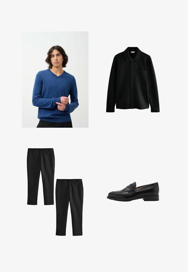 Next REGULAR FIT - DIAGONAL TEXTURE - Kevyt takki - black; Sininen V-aukko neulepusero, joka on valmistettu pehmeästä kudotusta materiaalista, jossa on koristekudotut hihansuut ja helma; malli käyttää sitä sisätiloissa yksinkertaista taustaa vasten.; Mustat räätälöidyt housut, joissa on sileä tekstuuri, suorajalkaiset mallit ja keskipitkä vyötärö. Näytetään kaksi paria, joista toinen on lyhennetty.; Mustat nahka loafersit, joissa on ommeltu etuosa ja litteä korko. Sileä pintakuvio, pyöristetty kärki ja koristeellinen nauha jalkapöydän yli.