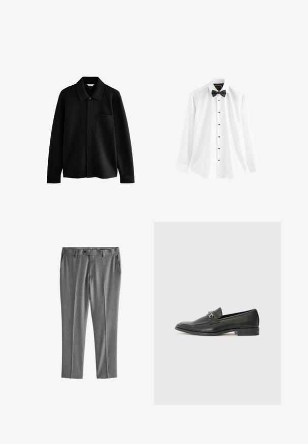 Next REGULAR FIT - DIAGONAL TEXTURE - Veste légère - black; Chemise blanche en coton, à manches longues, dotée d'un nœud papillon noir et de boutons noirs sur le devant.; Pantalon gris en tissu texturé, doté de poches latérales, d'une fermeture à bouton, et d'un design à jambes droites avec un devant plissé.; Mocassin en cuir noir avec une finition lisse, présentant un design cousu et une accent décoratif en chaîne métallique sur le rand. Talon plat.