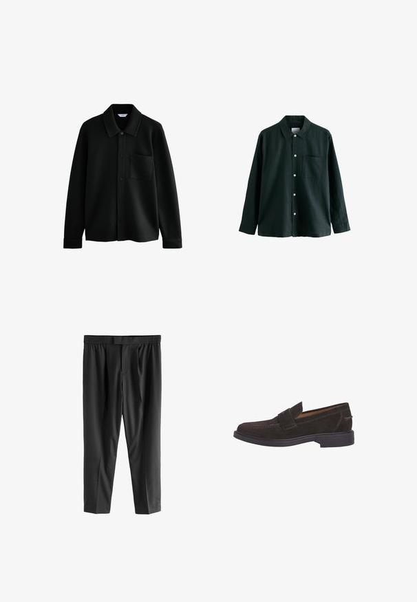 Next REGULAR FIT - DIAGONAL TEXTURE - Summer jacket - black; Dark green button-up shirt with a collar, long sleeves, and a single chest pocket; features white buttons and a soft texture.; Next REGULAR FIT -CHECK SMART - Chinos - black; Façonnable Slip-ons - chocolate brown