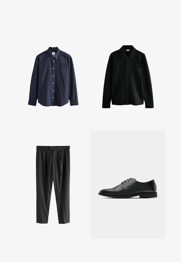 Next REGULAR FIT - DIAGONAL TEXTURE - Tunn jacka - black; Mörkblå knapp-up skjorta i bomull, med spetsig krage, långa ärmar, bröstficka och vita knappar.; Next REGULAR FIT -CHECK SMART - Chinos - black; Svart läderdressko med rund tå, snörningsdesign, subtila sömnadsdetaljer och låg klack. Slät yta med polerad finish.