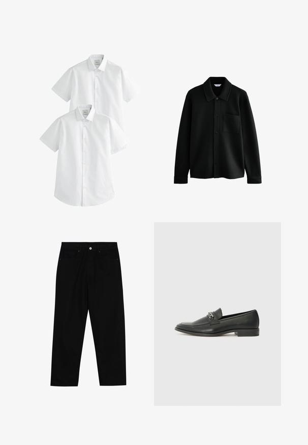 Next REGULAR FIT - DIAGONAL TEXTURE - Jachetă de vară - black; Cămăși albe cu mânecă scurtă, vândute în pachet de două, având guler cu nasturi și o textură fină din bumbac, concepute pentru purtarea casual.; Pantaloni negri din denim cu croială dreaptă, design cu cinci buzunare și închidere frontală cu nasture. Textură netedă cu detalii de cusătură minime.; Pantofii negri din piele cu un finisaj neted, având un design cusut și un accent decorativ de lanț metalic peste partea de sus. Toc plat.