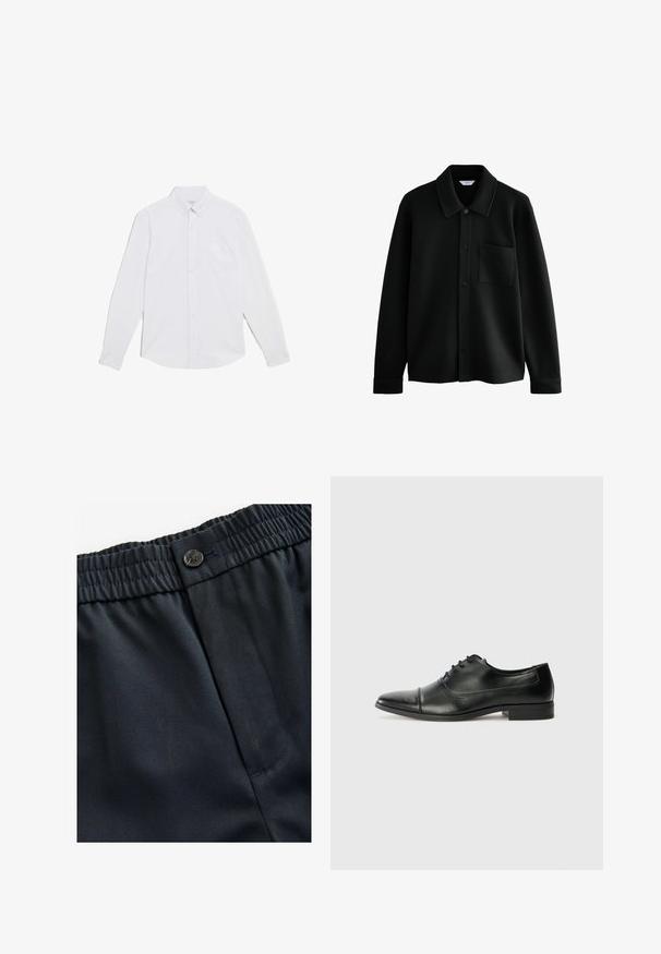 Next REGULAR FIT - DIAGONAL TEXTURE - Lichte jas - black; Witte blouse met lange mouwen van katoen. Voorzien van een button-down kraag, knopen aan de voorkant en een enkele borstzak. Glad uiterlijk.; Marineblauwe, lichte stof met een gladde textuur. Beschikt over een elastische tailleband met een knoopsluiting en een enkele zijzak.; Zwarte leren nette schoen met een spitse neus, veters en subtiele stiksels. Voorzien van een lage blokhak en een gladde glanzende afwerking.
